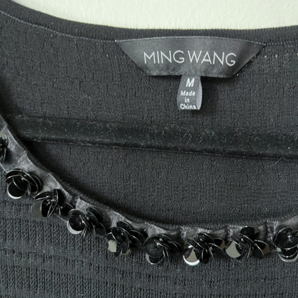 Ming Wang Ruffle Floral Sequin Embellished Short Sleeve Top Black Womens Medium - Picture 3 of 10